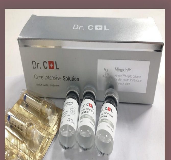 Hộp sản phẩm Dr. C+L Cure Intensive Solution (Minexin) và lọ dung dịch